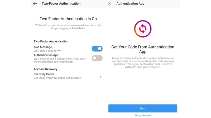 هنگام فعال کردن Two Factor Authentication در تنظیمات امنیتی اینستاگرام، باید انتخاب کنید که کد احراز هدیت را از چه روشی دریافت می‌کنید (پیامک، اپلیکیشن یا هر دو)